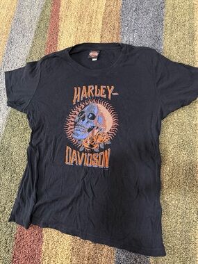 Harley-Davidson Black Tee with Orange and Blue Skull Graphic XL